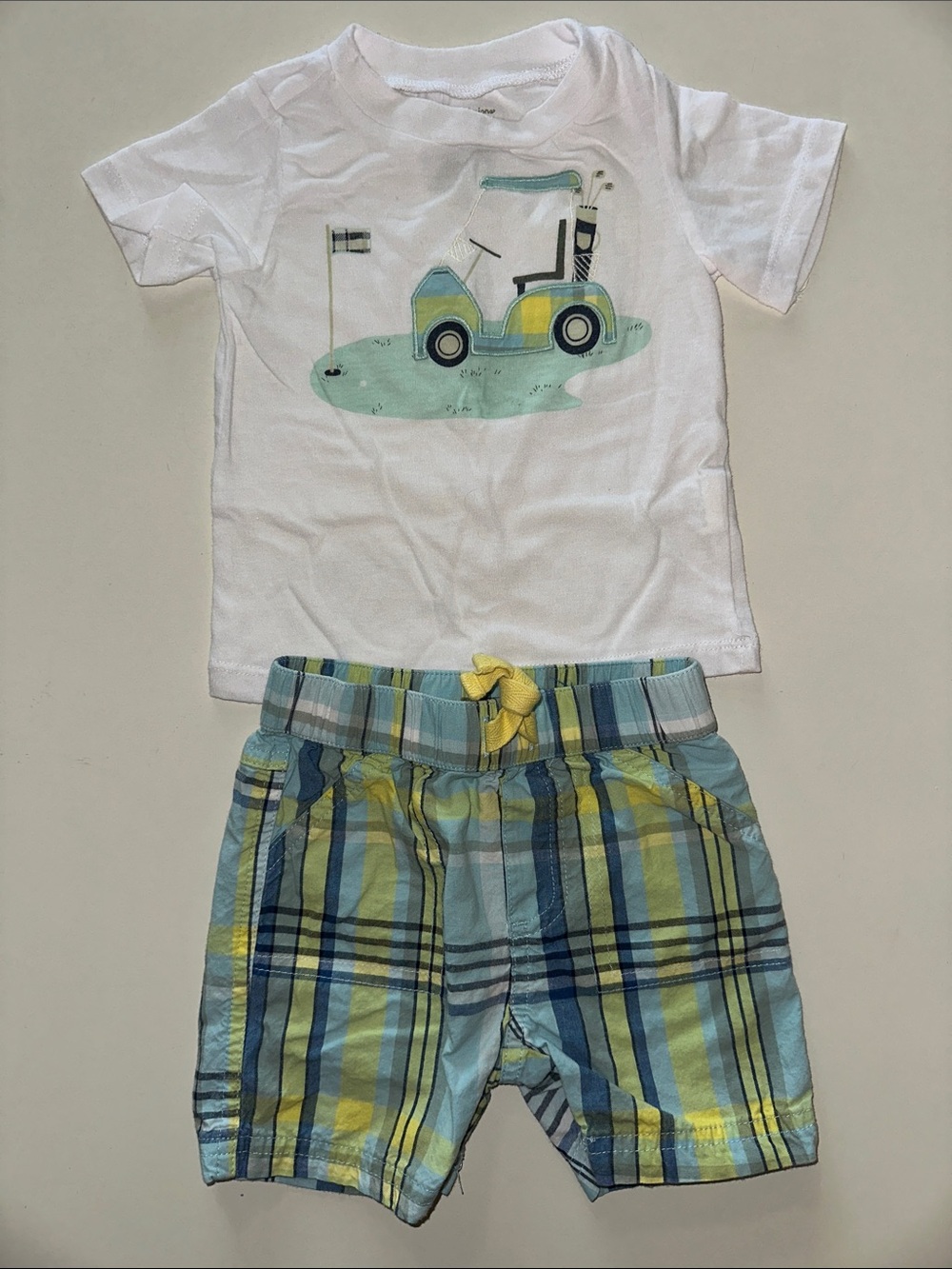 ⛳️ 3-6M Golf Themed Embroidered White Tee with Matching Plaid Shorts